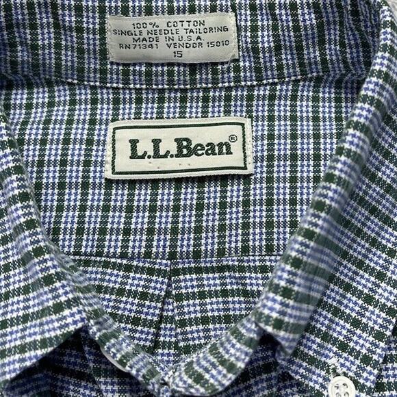 Vintage LL Bean Mens Button Up Shirt Short Slv Blue White Green Plaid USA‎ 15 - Picture 3 of 6
